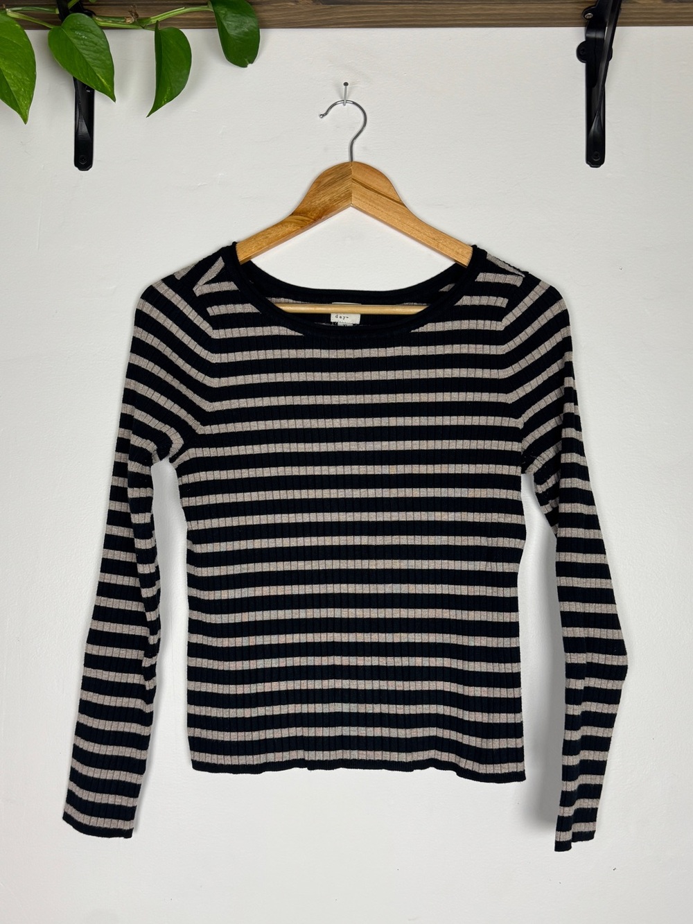 a new day Black and Cream Striped Ribbed Long-Sleeve Top